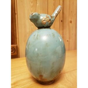 Blue Ceramic Decorative Accent with Perched Bird‎ – Rustic Distressed Finish, 9"